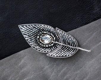 Embroidered crystal brooch pin Beaded silver feather brooch, gift for her