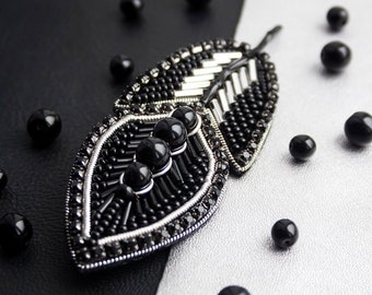 Seed beads brooch Handmade pin Beaded  black feather brooch Fashion accessory