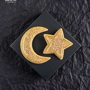 Set of crystal Moon and star beaded brooches Seed bead embroidered pins, gift for her
