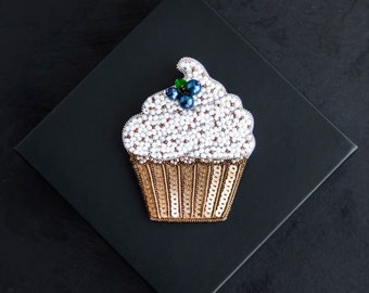 Sweet cupcake embroidered beaded brooch pin, gift for girl