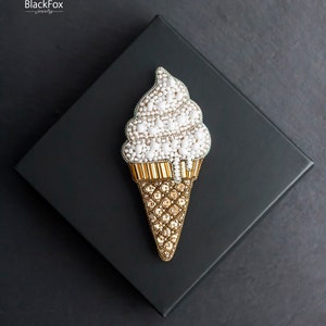 Ice cream embroidered beaded brooch pin, gift for her