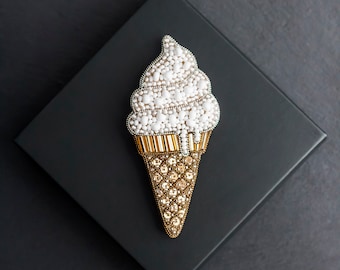 Ice cream embroidered beaded brooch pin, gift for her