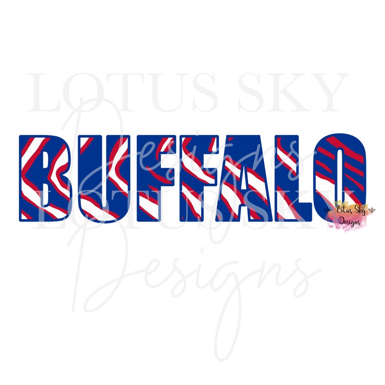 Puede incluir: Un dise&ntilde;o de cebra rojo, blanco y azul que deletrea la palabra "BUFFALO". El texto "LOTUS SKY DESIGNS" est&aacute; por encima de la palabra "BUFFALO" y el texto "LOTUS SKY DESIGNS" est&aacute; por debajo de la palabra "BUFFALO".