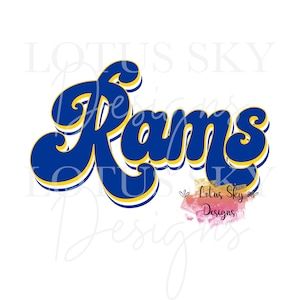 May include: A blue and yellow graphic design with the word "Rams" in a retro font style.