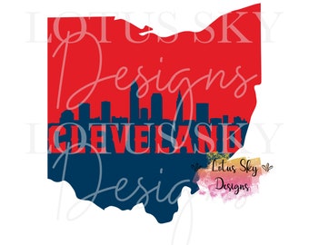May include: A red and blue silhouette of the state of Ohio with the city skyline of Cleveland and the text "Cleveland" in blue letters. The text "Lotus Sky Designs" is in the bottom right corner.