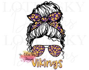 May include: A digital illustration of a woman with a messy bun, wearing sunglasses with a leopard print pattern and a purple and yellow bandana. The text "Vikings" is written in yellow below the woman's head.