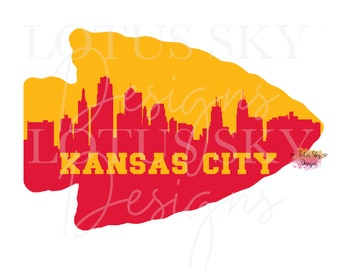 May include: A red and yellow arrowhead design featuring a silhouette of the Kansas City skyline and the text "KANSAS CITY".