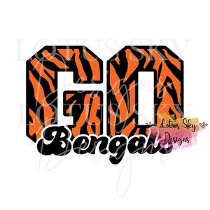 May include: Orange and black tiger stripe design with the words "GO" in large letters and "Bengals" in a retro font below.
