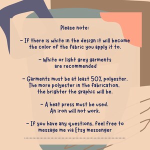 May include: A beige-colored card with text, set against a backdrop of abstract shapes in blue, peach, and brown. The text provides instructions for applying a design to fabric, including garment recommendations and heat press instructions.