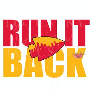 May include: Red and yellow graphic design with the words "RUN IT BACK" and a red arrowhead with a city skyline inside.