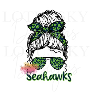 May include: A black and white illustration of a woman with a messy bun, wearing green and blue leopard print sunglasses and a headband. The text "Seahawks" is written in green and blue below the illustration.