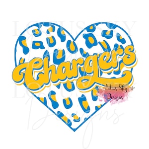 May include: A blue and yellow heart-shaped design with a leopard print pattern and the word "Chargers" in a retro font.