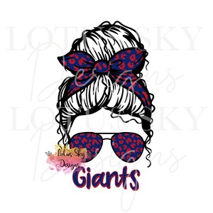 May include: A digital illustration of a woman's hairstyle with a blue and red leopard print bow and sunglasses. The sunglasses and bow match. The word "Giants" is written in red and blue. The Lotus Sky Designs logo is also present.