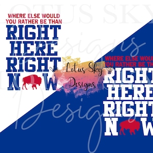May include: A graphic design with the text "Where else would you rather be than Right Here Right Now." The text is in white and blue, with a red bison graphic. The design is on a blue and white background.
