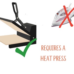 May include: Image showing a black heat press with a green checkmark, and a red crossed-out iron. Text reads "REQUIRES A HEAT PRESS".