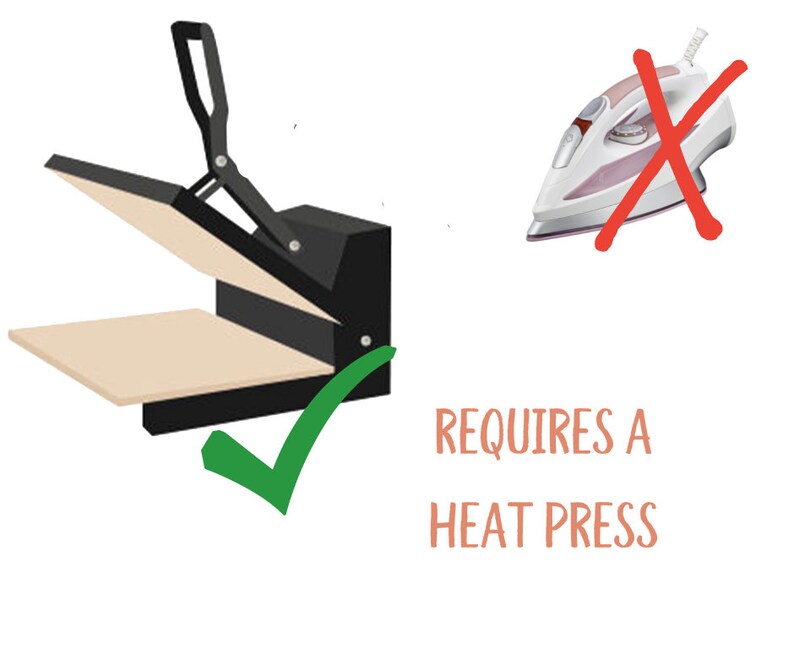 May include: Image showing a black heat press with a green checkmark, and a red crossed-out iron. Text reads "REQUIRES A HEAT PRESS".