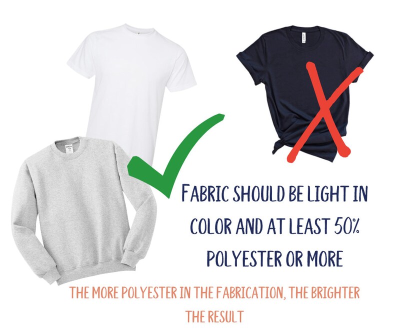 May include: Image showing a white t-shirt, a gray sweatshirt, and a navy blue t-shirt with a red X over it. Text states "FABRIC SHOULD BE LIGHT IN COLOR AND AT LEAST 50% POLYESTER OR MORE".