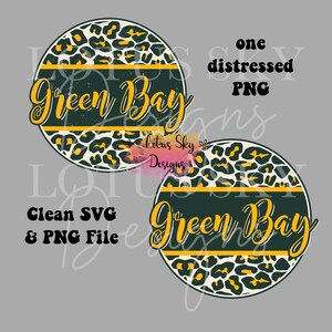 May include: Green Bay Packers logo with a leopard print background. The logo is in yellow and black text on a dark green background. The background is a white and yellow leopard print.