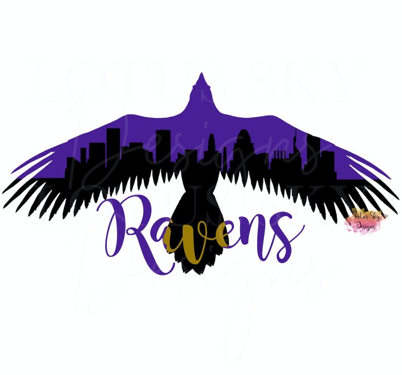 May include: A graphic design featuring a purple raven silhouette with a cityscape inside its wings. The word "Ravens" is written in a stylized font, with the "R" and "avens" in purple and the "a" in gold.
