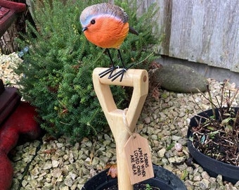 Garden Robin Standing on Gardening Handle - With a message