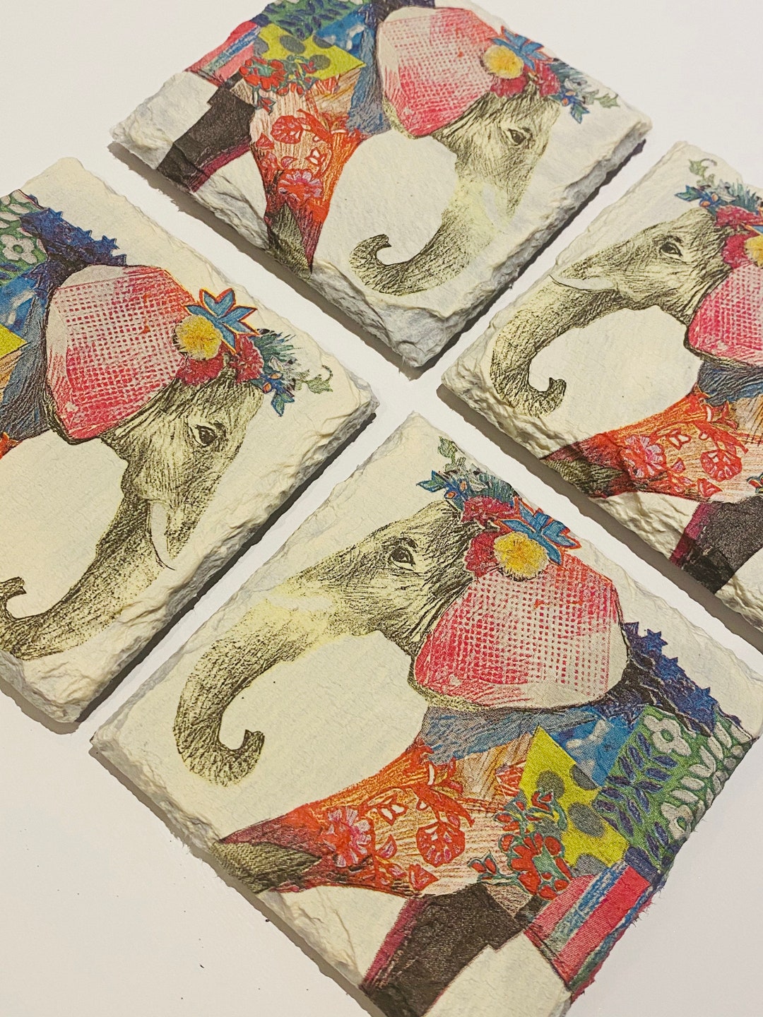 Colourful Elephant Decoupaged Slate Coasters pair Etsy UK