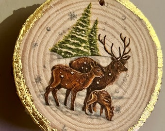 Deer Family Decoupaged Log Slice Decoration