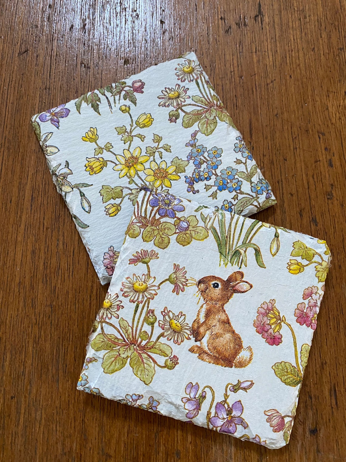 Bunny & Flowers Decoupaged Slate Coasters Etsy