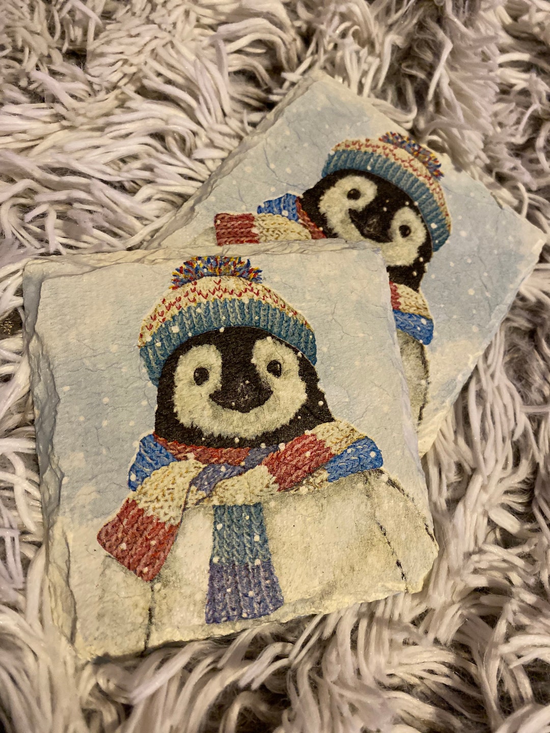 Penguin Decoupage Slate Coasters Set of 2 Handmade to Etsy