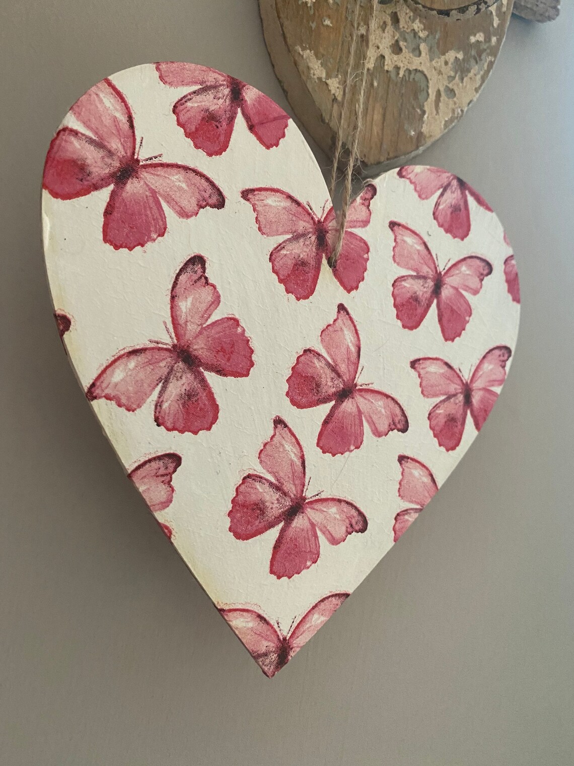 Pink Butterfly Decoupage Wooden Hanging Heart Etsy UK