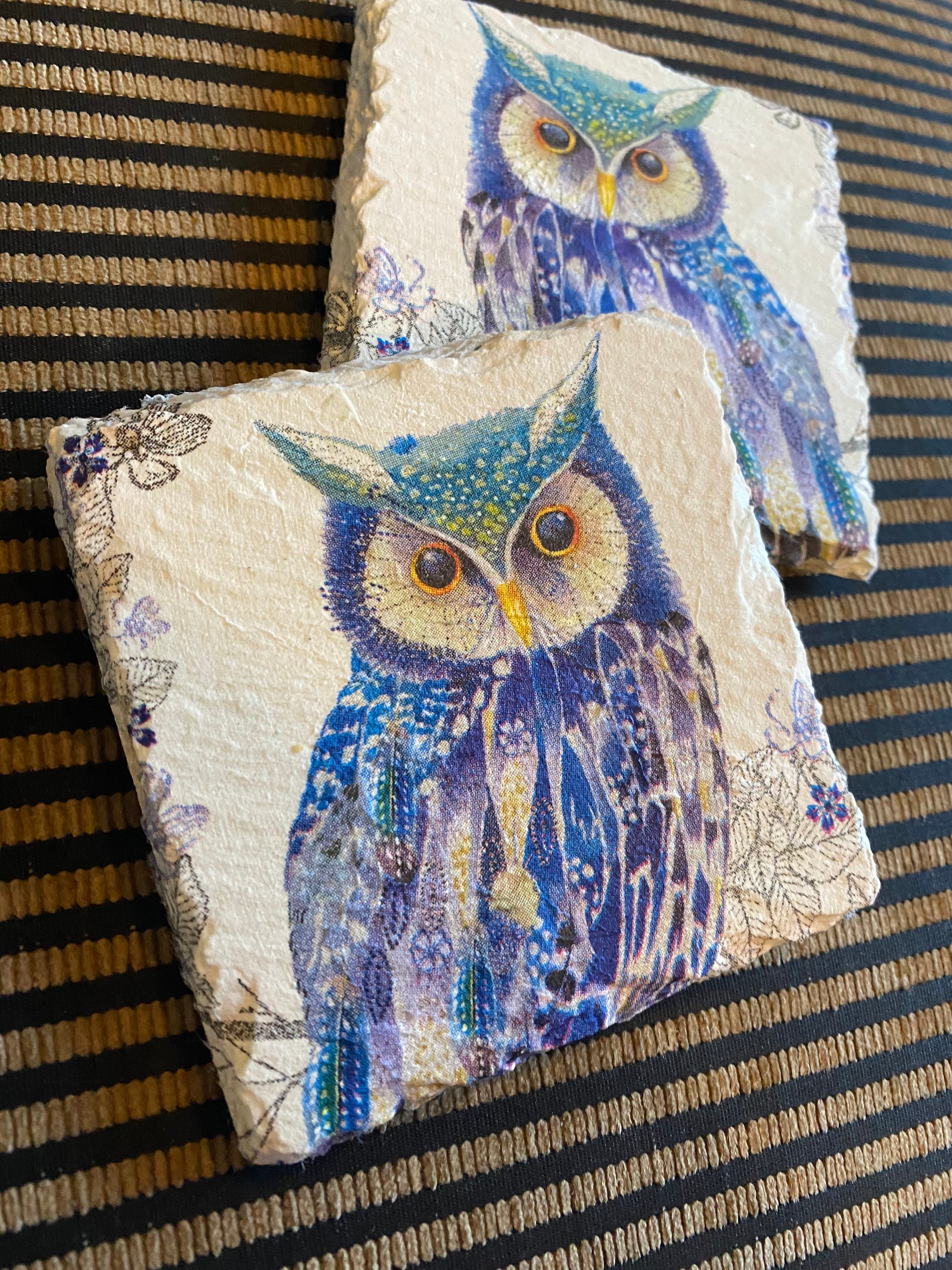 Blue Owl Decoupaged Slate Coasters Etsy