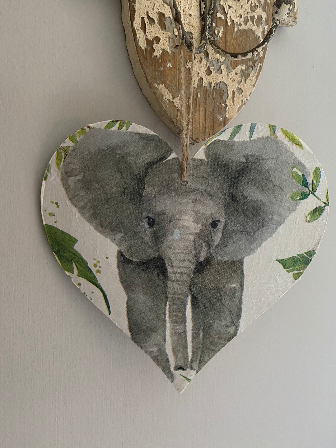 Baby Elephant Decoupaged Wooden Hanging Heart Etsy