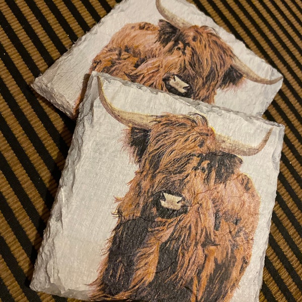 Highland Cow Decoupage Slate Coasters