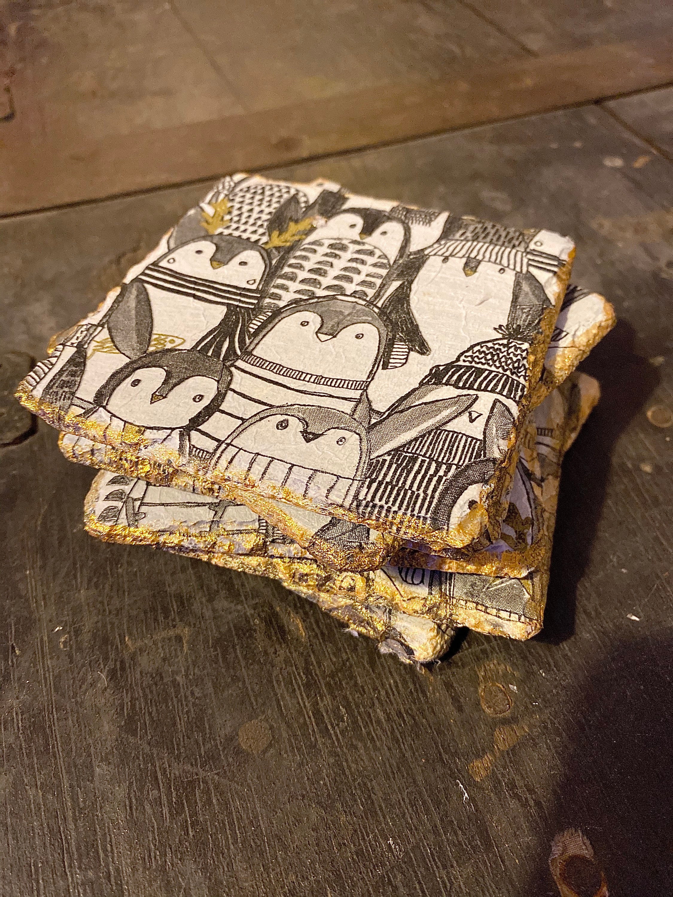 Penguin Decoupaged Slate Coasters Etsy UK