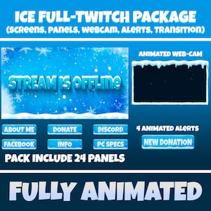 Animated Snow Ice Twitch package ( Fully animated Screens, panels, alerts, webcam, transition )