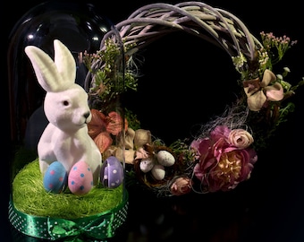 Easter Bunny for Home Decor, Easter Decorations with Rabbit & Eggs in Glass Dome, White Rabbit, Gift for Friends, Easter Bunny Table Decor