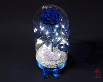 Enchanted Blue Rose, Birthday Gift for Woman, Forever Rose in Engraved Glass Dome with LED Lights, Personalized Gift for Wife, Eternal Rose