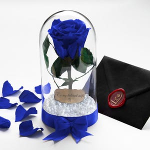 Real Blue Forever Rose in Glass Dome, Valentine’s Day Gift for Her, Romantic Anniversary Gift for Woman, Unique Gift for Mom or Girlfriend