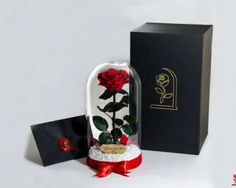 Beauty and the Beast Rose in Glass Dome, Unique Birthday Gift for Girlfriend, Perfect Woman's Gift, Memorable Anniversary Gift, Forever Rose