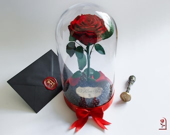 Beauty and the Beast Red Rose in Glass Dome, Unique Valentine&#39;s Day Gift for Her, Perfect for Anniversary, Birthday and Holiday Celebration