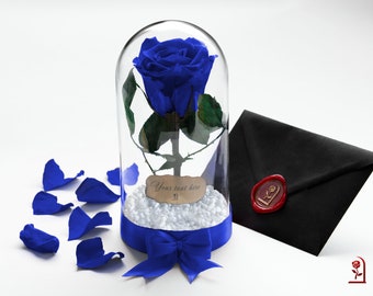 Royal Blue Preserved Rose, Unique Mothers Day Gift, Forever Rose in Dome, Unique 30th Birthday Gift for Woman, Paper Wedding Anniversary