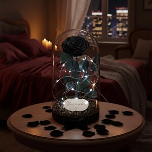 Premium Forever Black Rose, Memorable Birthday Gift, Preserved Black Rose in Big Glass Dome, Personalized Anniversary Gift for Girlfriend With LED Lights