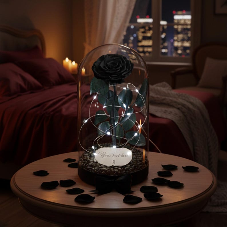 Premium Forever Black Rose, Memorable Birthday Gift, Preserved Black Rose in Big Glass Dome, Personalized Anniversary Gift for Girlfriend With LED Lights