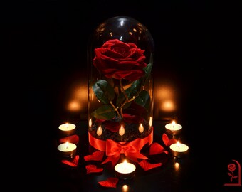 Romantic Red Rose in Glass Dome, Valentine's Day Gift for Wife, Forever Artificial Rose, Enchanted Beauty and the Beast Inspired Present