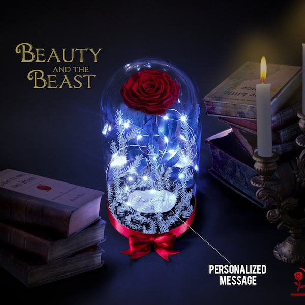 Die Schöne und das Biest Rose, personalisiertes Geschenk für sie, für immer Rose in gravierter Glaskuppel mit LED-Lichtern, Jahrestagsgeschenk für Freundin