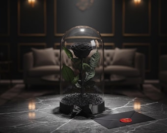 Romantic Gift for Woman, Preserved Black Rose in Big Glass Dome, Real Enchanted Rose, Birthday Gift for Girlfriend, Luxury Black Real Rose
