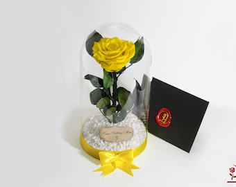 Yellow Preserved Rose in Glass Dome, Perfect Valentine's Day Gift for Her, Unique Holiday Present for Mom, Romantic Gift for Wife, Real Rose