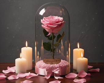 Pink Enchanted Rose in Glass Dome, Romantic Birthday Gift for Wife, Real Forever Rose for Woman, Personalized Anniversary Gift, Pink Rose