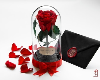 Red Forever Rose in glazen koepel, Belle en het beest betoverde roos, uniek Valentijnsdagcadeau voor haar, onvergetelijk cadeau voor vriendin
