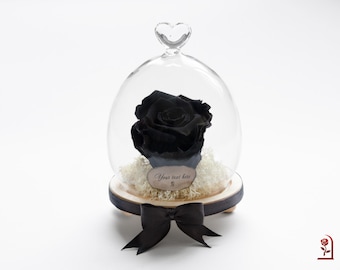 Preserved Black Rose with White Moss in Glass Dome, Unique Birthday Gift for Her, Timeless Romantic Gift for Women, Forever Preserved Rose