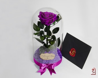 Eternal Real Purple Rose in Big Glass Dome, Perfect Gift for Wife, Memorable Valentine's Day Present, Unique Anniversary and Wedding Gift